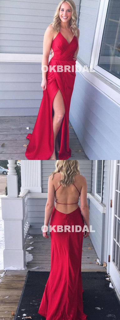Red Backless Sexy V-Neck Sheath Prom Dress, Spaghetti Straps Elastic Satin Prom Dress, KX1076
