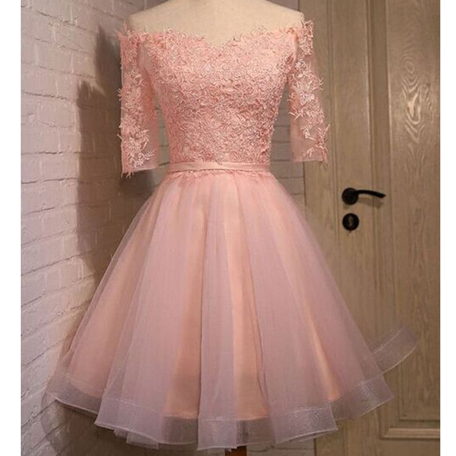 2016 pink lace off shoulder with half sleeve cute freshman graduation homecoming prom dress,BD00125