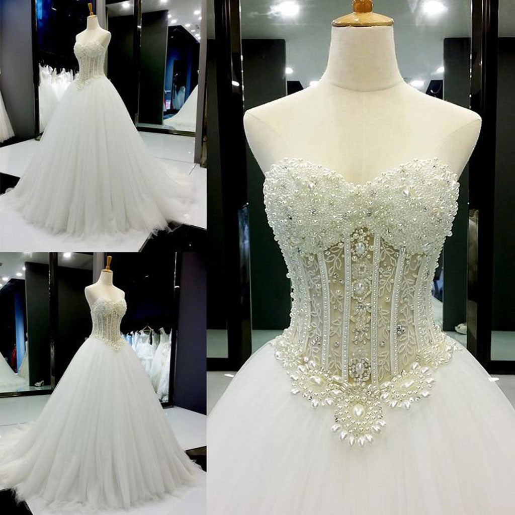 New Arrival High Quality Lace Sweet Heart Sleeveless Beading Charming Long Wedding Dresses,220017
