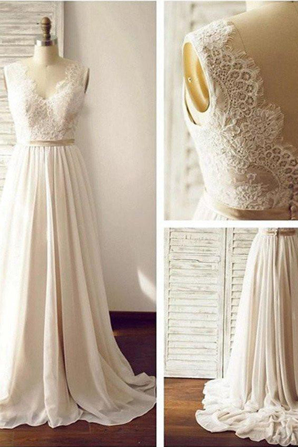Lace Backless Beach Wedding Dresses, 2017 Chiffon Long Custom Wedding Gowns, Affordable Bridal Dresses, 17097