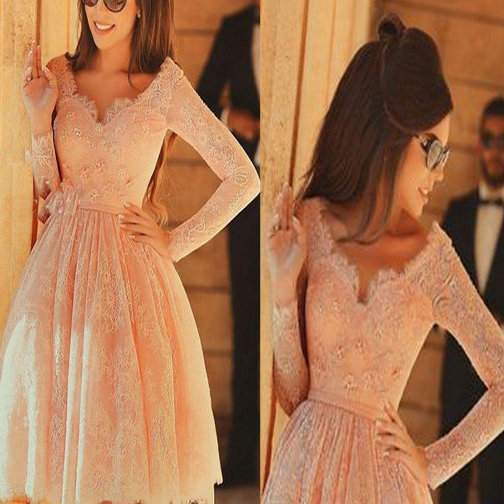 Long sleeve pink lace knee-length v-neck charming homecoming prom gown dress,BD0018
