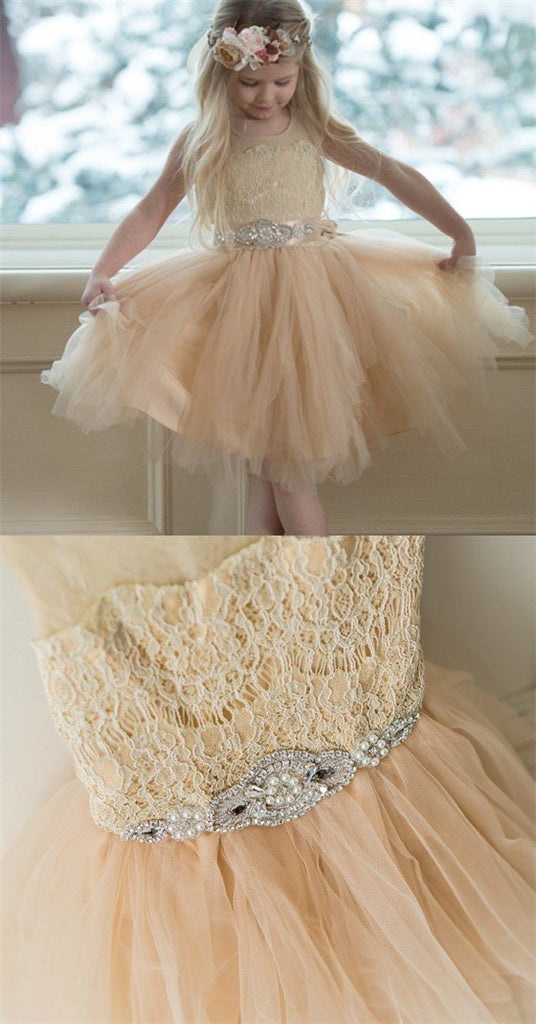 Illusion Lace Top Tulle Flower Girl Dresses, Popular Little Girl Dresses with rhinestone Belt, FG033