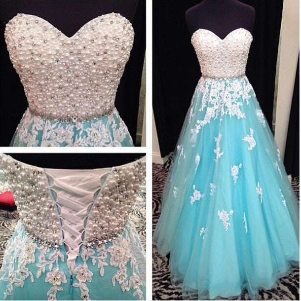 Beaded Sweet Heart Blue Lace Up Back Pretty Long Prom Dress Ball Gown, WG211