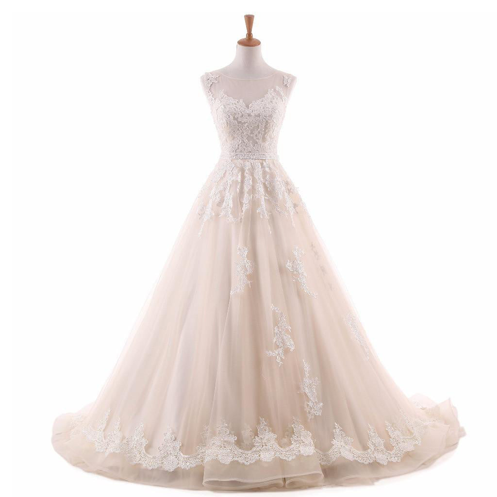 Lace Wedding Dress,A Line Backless Appliques Wedding Dress,Floor-Length Tulle Wedding Dress,220059