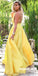 Yellow Spaghetti Straps A-line Deep V-neck Backless Satin Long Prom Dresses, FC2299