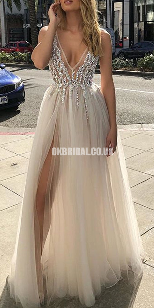 Charming A-Line Sleeveless Tulle Beaded Slit Backless Prom Dresses, FC2448