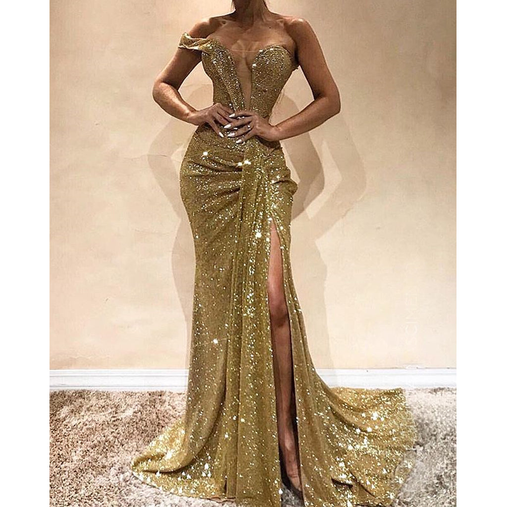 Sparkly One Shoulder Sequin Mermaid Sexy Slit Long Prom Dresses, FC2539