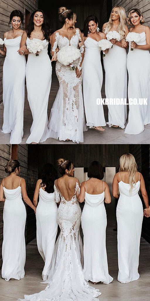White Elegant Spaghetti Straps Chiffon Floor-Length Bridesmaid Dress, FC2547