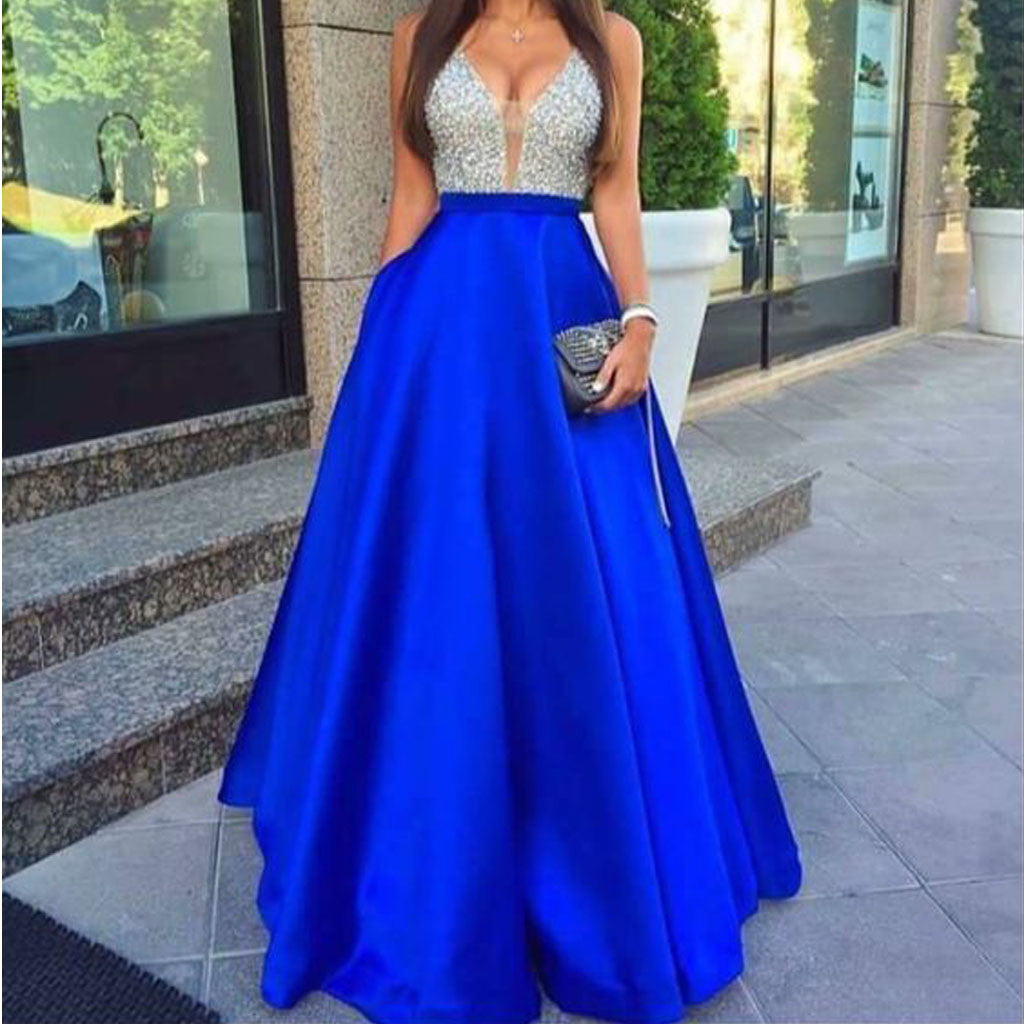 Roayl Blue Satin High Quality Cheap Custom Make Online Evening Party Long Prom Dresses, WG255