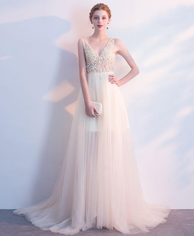 New Arrival Tulle A-Line Prom Dress, V-Neck Backless Beaded Prom Dress, KX271