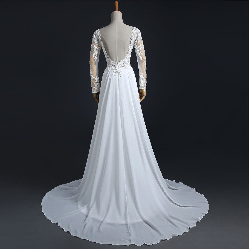 Long Wedding Dress, Lace Wedding Dress, Chiffon Wedding Dress, Side Split Bridal Dress, Long Sleeve Wedding Dress, Custom Made Wedding Dress, LB0271