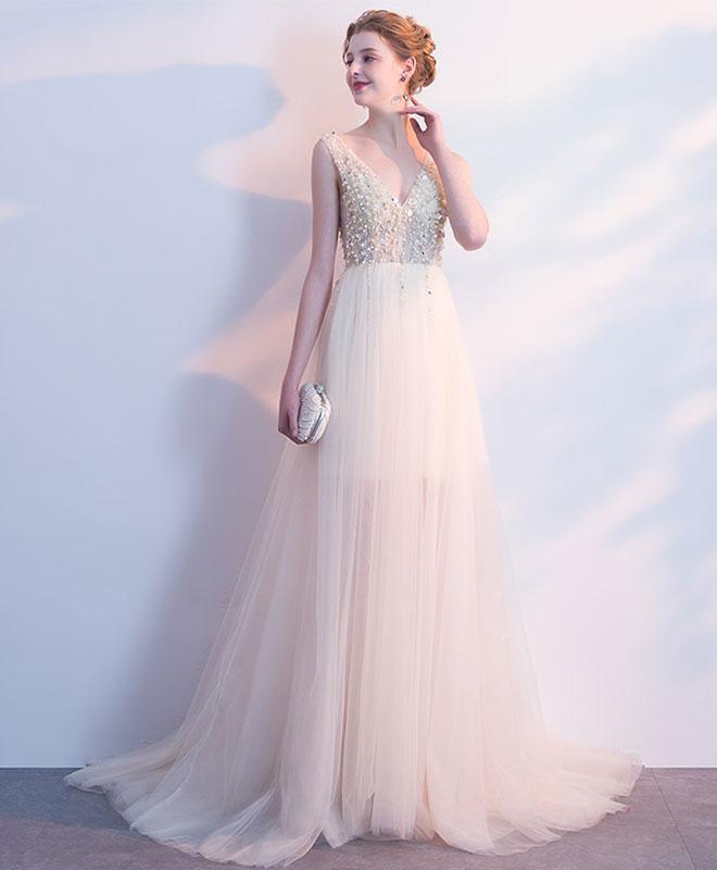 New Arrival Tulle A-Line Prom Dress, V-Neck Backless Beaded Prom Dress, KX271