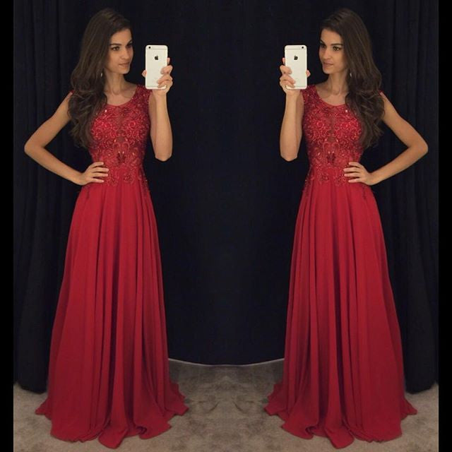 Red Cheap Formal A Line Modest Floor Length Chiffon Prom Dress, WG287