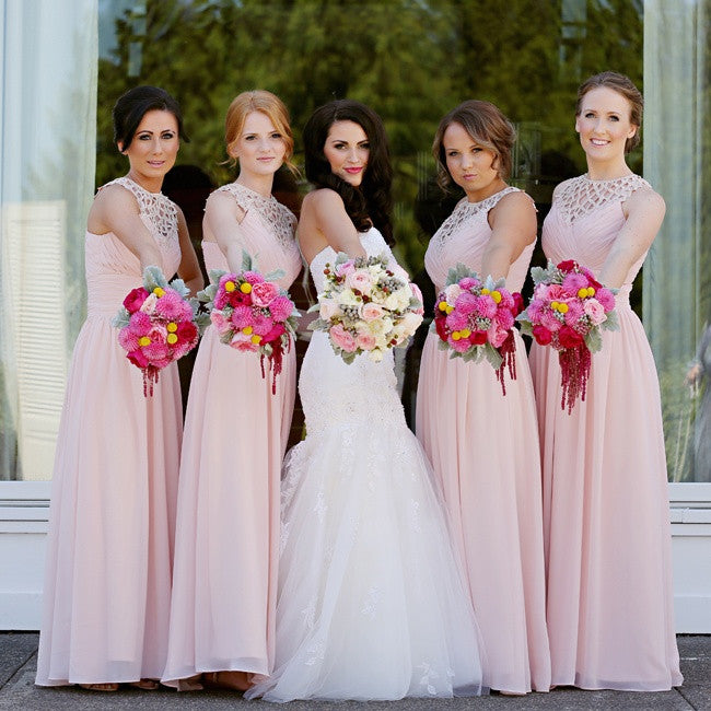 Blush Pink Long Chiffon A Line Formal Cheap Wedding Party Bridesmaid Dresses, WG334