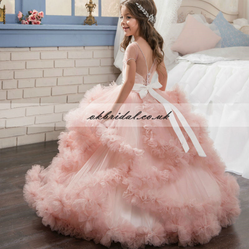 Pink Tulle Beaded Flower Girl Dresses, Lovely Little Girl Dresses, KX376