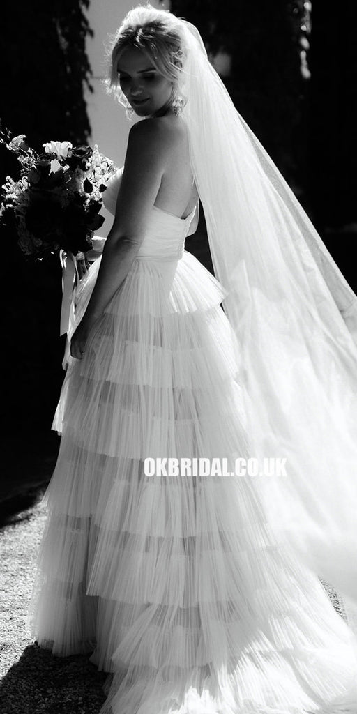 Simple A-line Tulle Backless Straight Neckline Wedding Dresses, FC3852