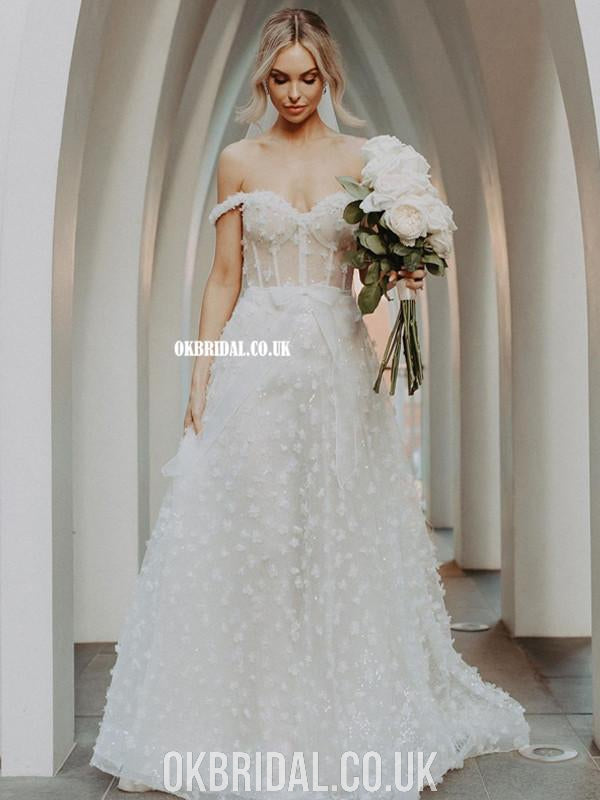Off Shoulder A-line Charming Lace Backless Floor-Length Wedding Dresses, FC3912
