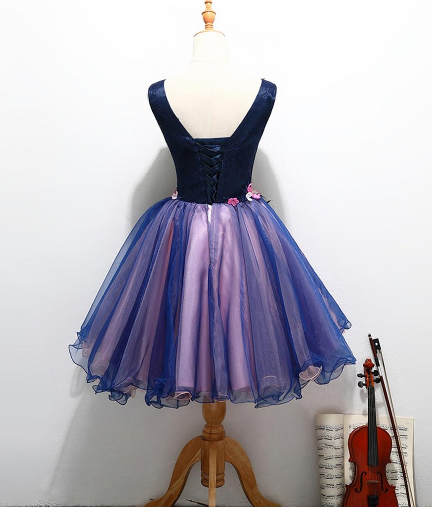 Tulle Homecoming Dress, V-Neck Applique Junior School Dress, Knee-Length Backless Homecoming Dress, LB0411