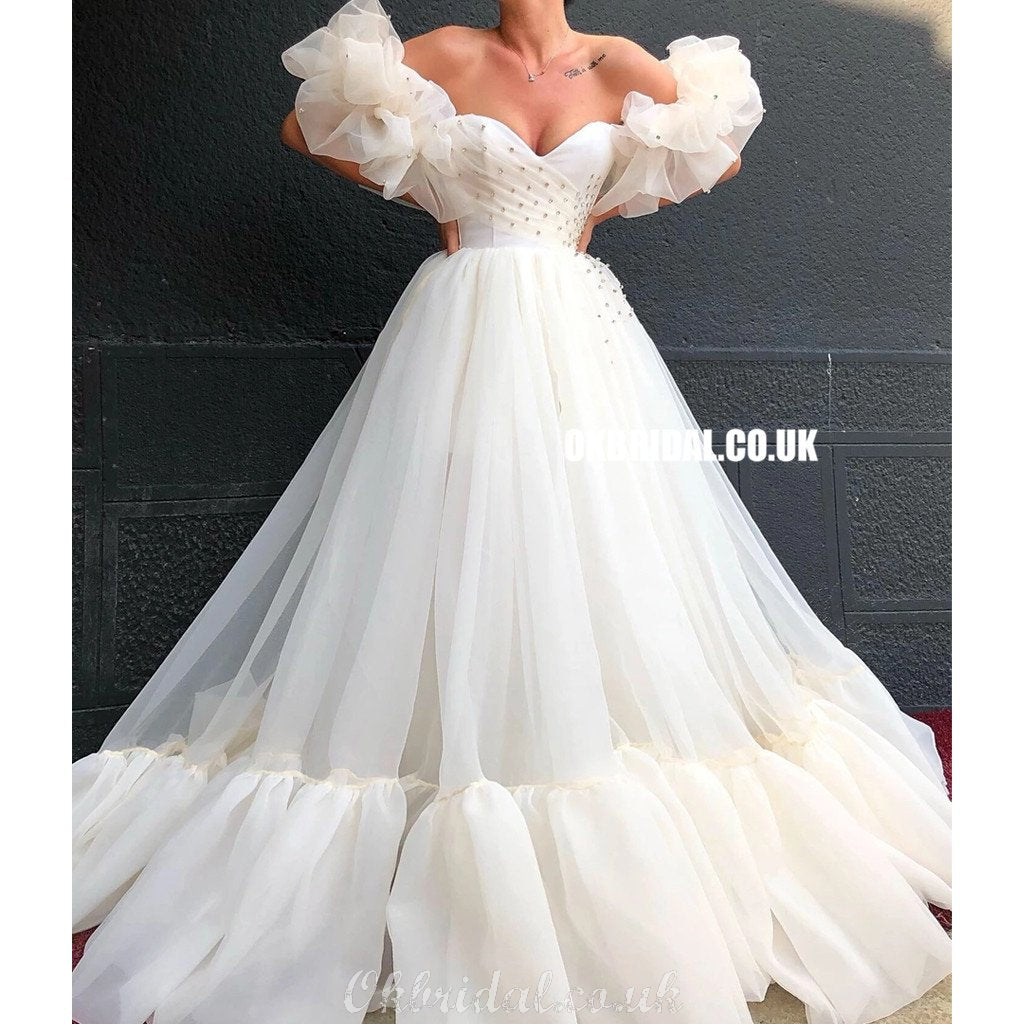 Off Shoulder A-line Organza Charming Sweetheart Rhinestone Prom Dresses, FC4142