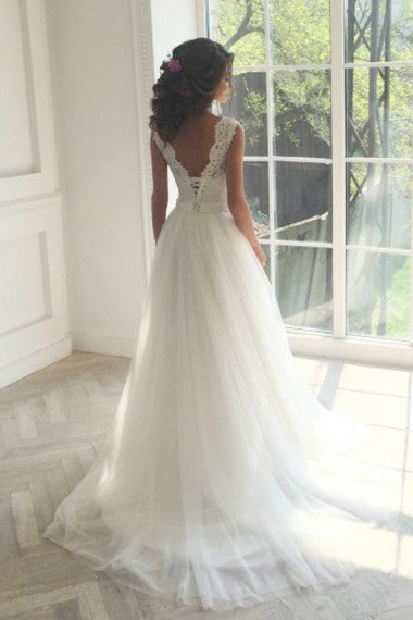 Long Tulle A-Line Bridal Dress, V-Back Elegant Sleeveless Lace Wedding Dress, LB0439