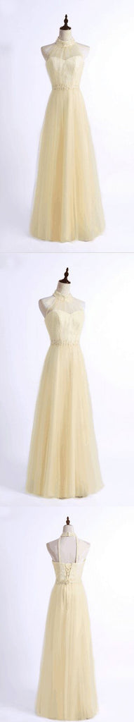 Simple Design A-Line Tulle Halter Beaded Floor-Length Sleeveless Bridesmaid Dresses,220046