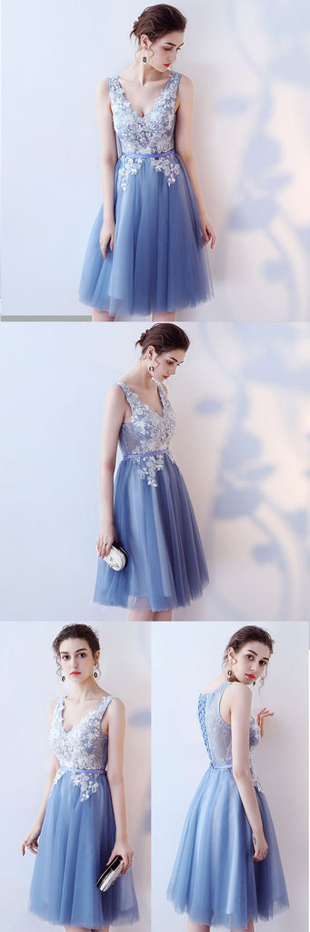 Simple A-Line Lace Homecoming Dress, Sleeveless Tulle V-Neck Homecoming Dress, KX473