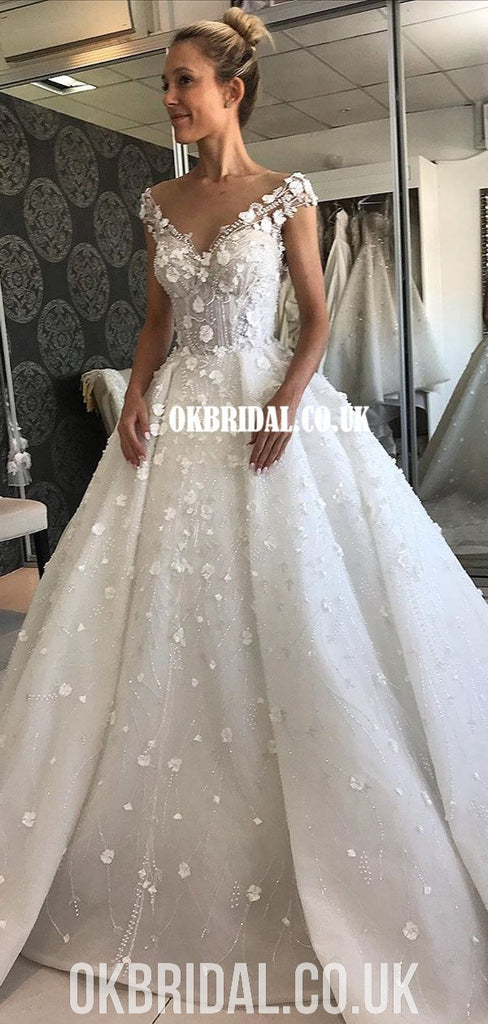 Gorgeous A-line Cap Sleeve Backless Beaded Long Wedding Dresses, FC4912