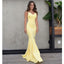 Charming Yellow Backless Prom Dress, Mermaid Spaghetti Straps Satin Prom Dress, KX501