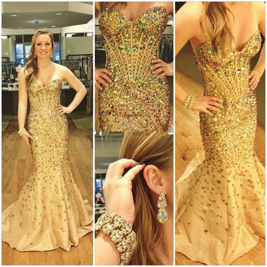 Gorgeous Gold Shinning Sweetheart Mermaid Heavy Beaded Long Prom Dress, WG514