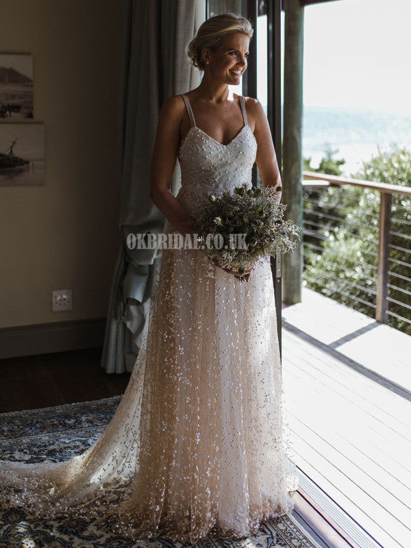 Elegant A-line Lace Backless V-neck Long Wedding Dresses, FC5161
