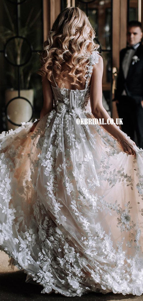 Spaghetti Straps A-line Gorgeous Lace Long Wedding Dresses, FC5168