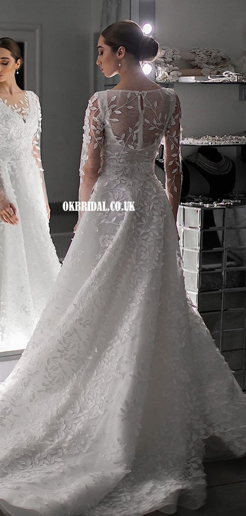 Charming A-line Lace Long Sleeves Wedding Dresses, FC5174