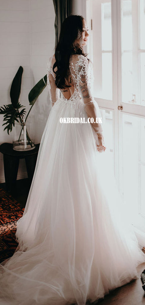 Sexy Deep V-neck Backless Long Sleeves Mermaid Wedding Dresses, FC5816