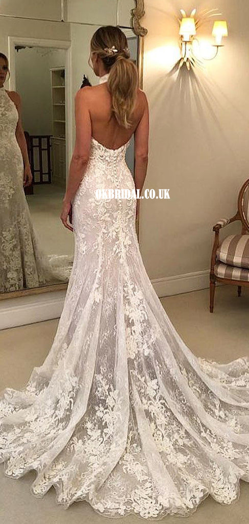 Elegant Lace Halter Backless Mermaid Long Wedding Dresses, FC5863