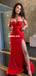 Red Mermaid Spaghetti Straps Sweetheart Sexy Slit Prom Dresses, FC5979