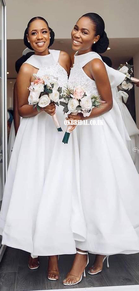 Charming High-neck Sleeveless A-line Applique Bridesmaid Dress, FC5988