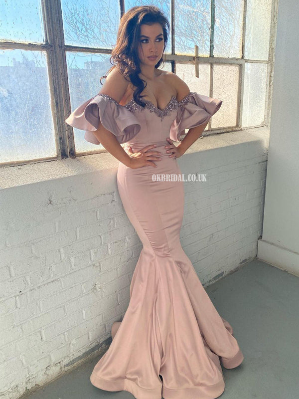 Charming Off Shoulder Satin Sweetheart Mermaid Sparkle Sequin Prom Dresses, FC5990