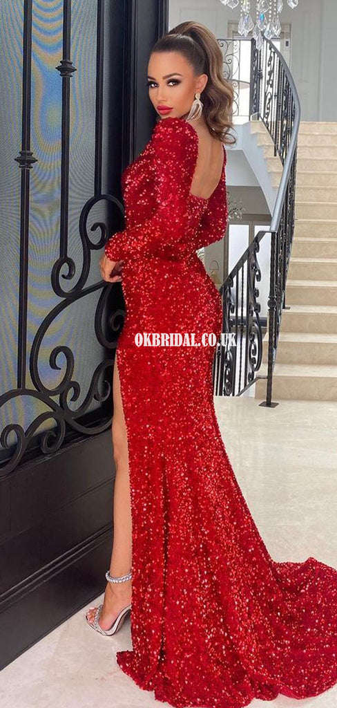 Gorgeous Red Mermaid Long Sleeves Sexy High Slit Sparkle Prom Dresses, FC6207