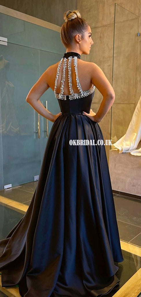 Black Elagant A-line Satin Sleeveless Open-Back Lace Prom Dresses, FC6256