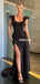 Jewel Neck Mermaid Black Cap Sleeve Slit Long Prom Dresses, FC6257