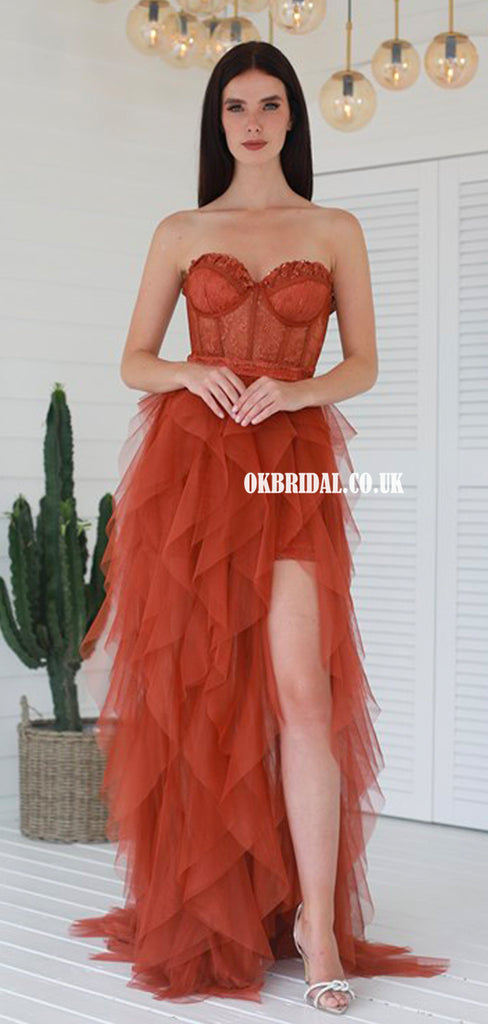 Stunning A-line Sweetheart Tulle Slit Backless Lace Prom Dresses, FC6289