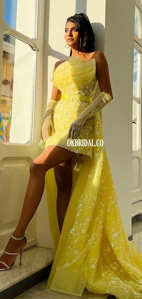 Strapsless A-line Yellow Organza High-low Lace Prom Dresses, FC7016