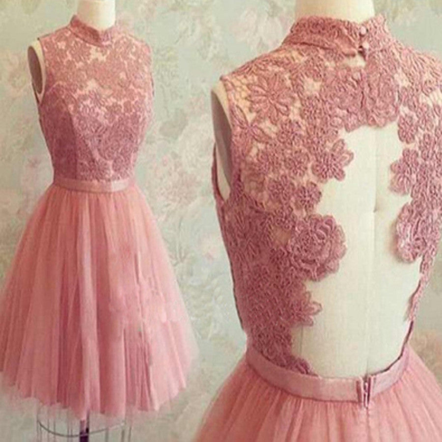 2016 popular dark pink lace high neck unique style charming freshman homecoming prom gown dress,BD0089