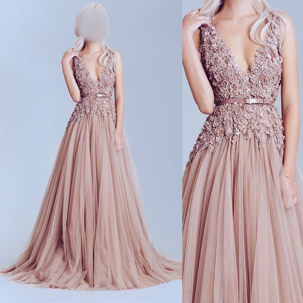 Deep V Neckline Lace prom Dresses, Dusty pink prom Dress, A line Evening Prom Dress, Sexy Party Prom Dress, 17009