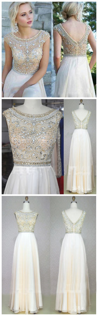 Cap Sleeves Prom Dresses Long A-line Prom Dresses, Gorgeous Round Neck Rhinestone Bridal Gown, WD0122