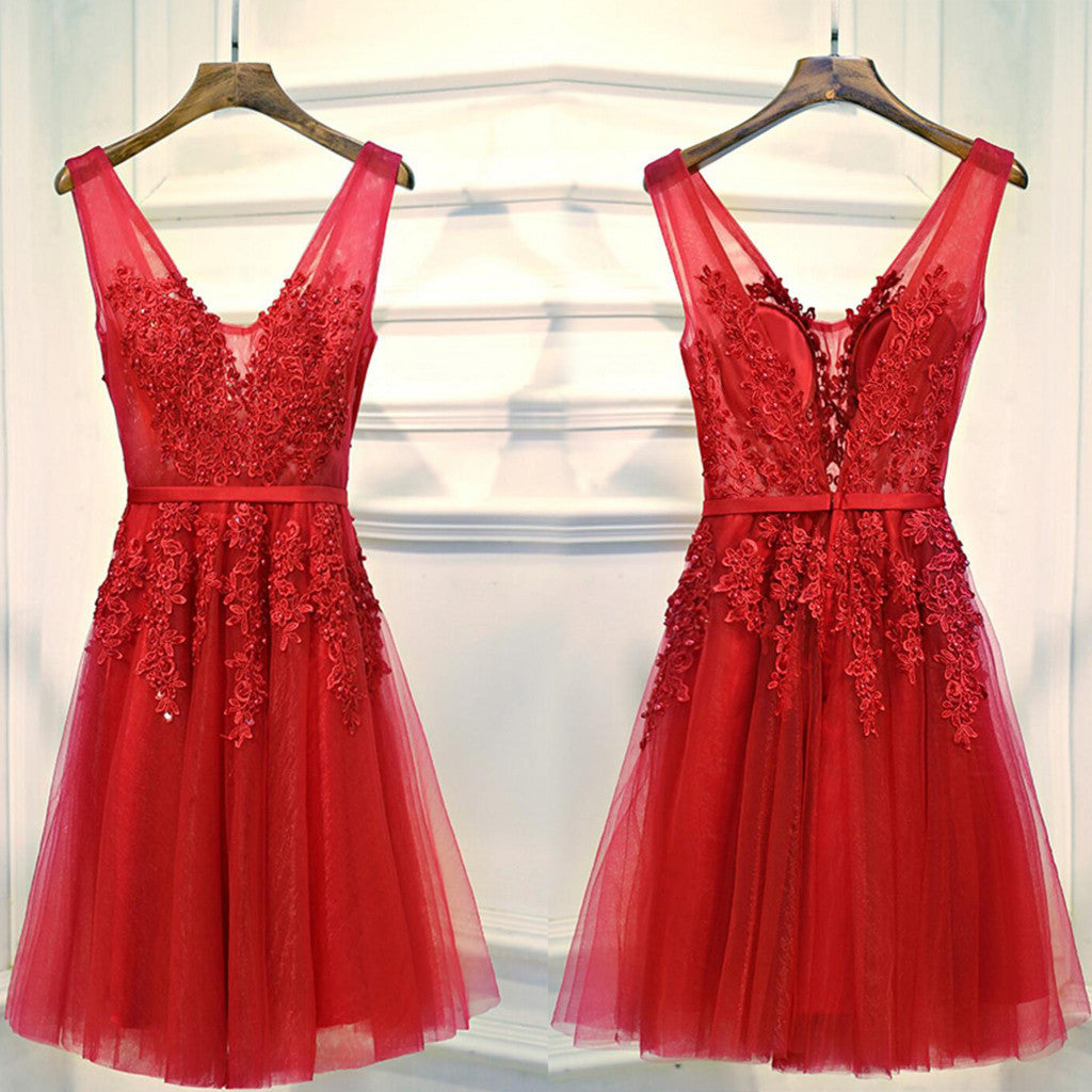 V Neckline Red Lace Short Homecoming Dress, Red Short Prom Dresses, Perfect Homecoming Dresses, Red Cocktail Dresses, CM0013