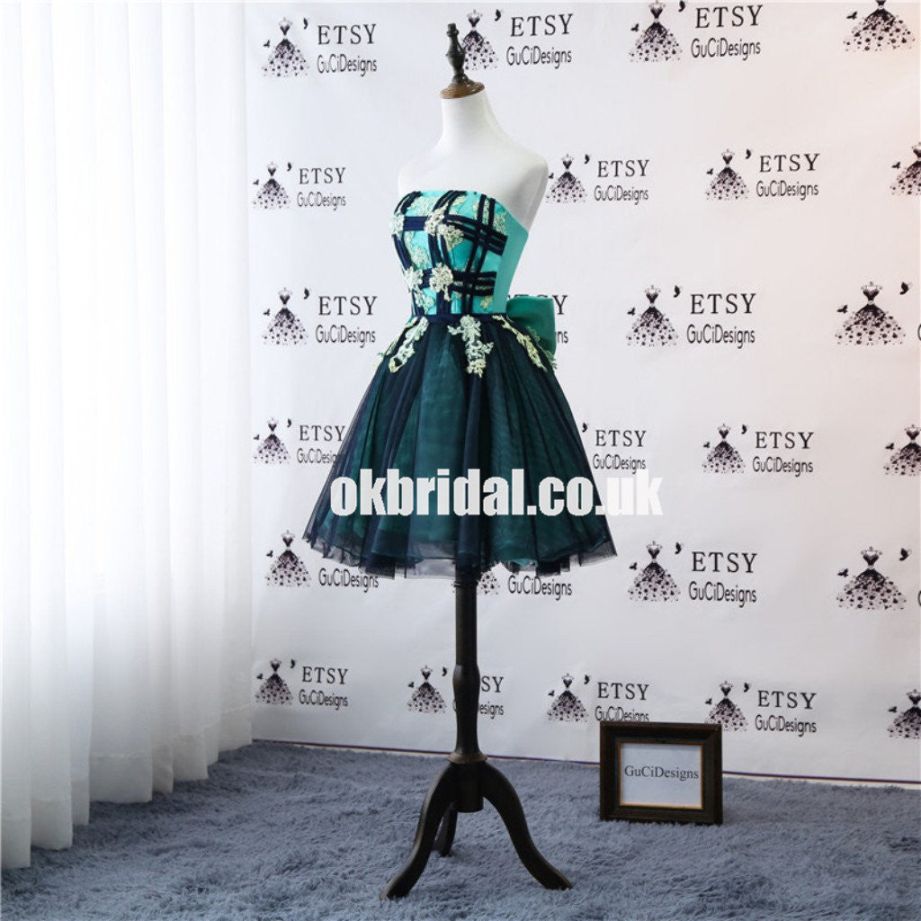 New Arrival Tulle A-Line Homecoming Dress, Applique Backless Homecoming Dress with Bow-Knot, KX1307