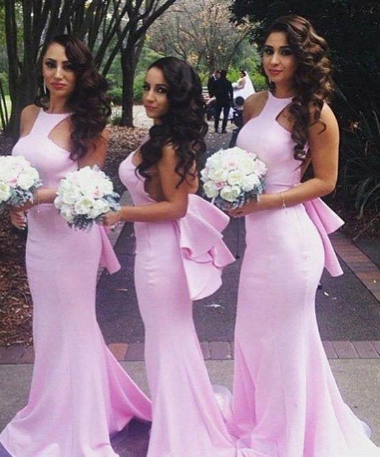 Pink Spaghetti Straps Mermaid Jersey Backless Floor-Length Bridesmaid Dress, FC892