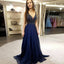 Online Charming Beaded A-Line Sleeveless Chiffon Long Navy Backless Prom Dresses, KX1258