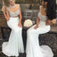 White Two Pieces Beaded Top Mermaid Tulle Cap Sleeve Jersey Prom Dresses, FC2143